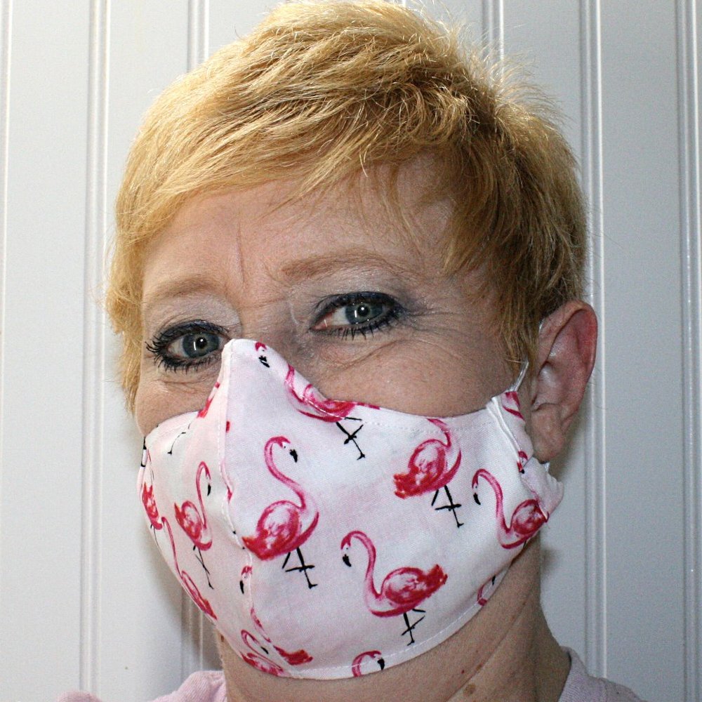 HAND CRAFTED Face Mask Pink Flamingos Adult Cloth Fabric Print - Shield Style